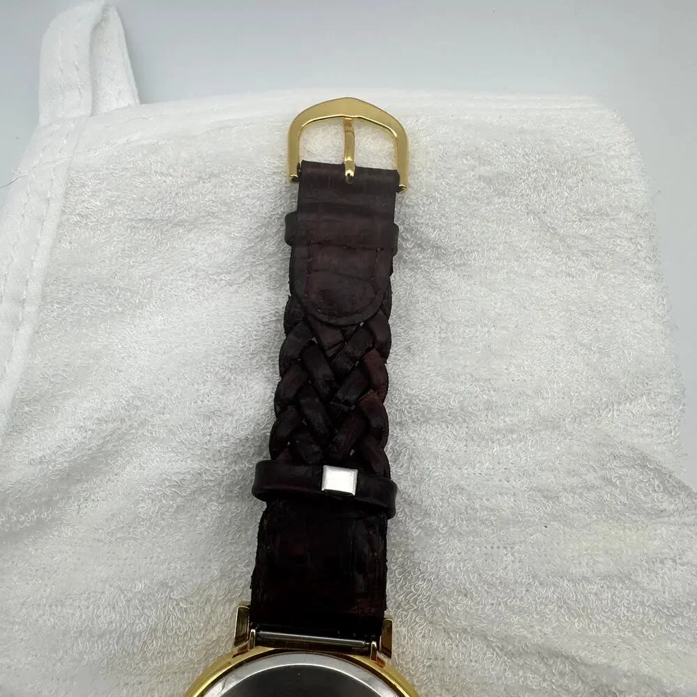 Gitano Quartz Gold Tone Watch White Dial Braided Brown Leather Strap